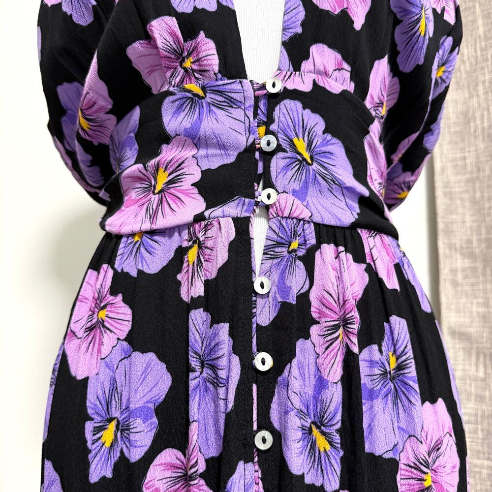 Ava Sky Hawaii Womens Floral Maxi Dress L Black Purple Deep V-Neck Front Slit - Picture 7 of 12